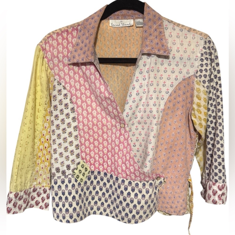 Sacred Threads Floral Patchwork Wrap Top Y2K 100%… - image 3